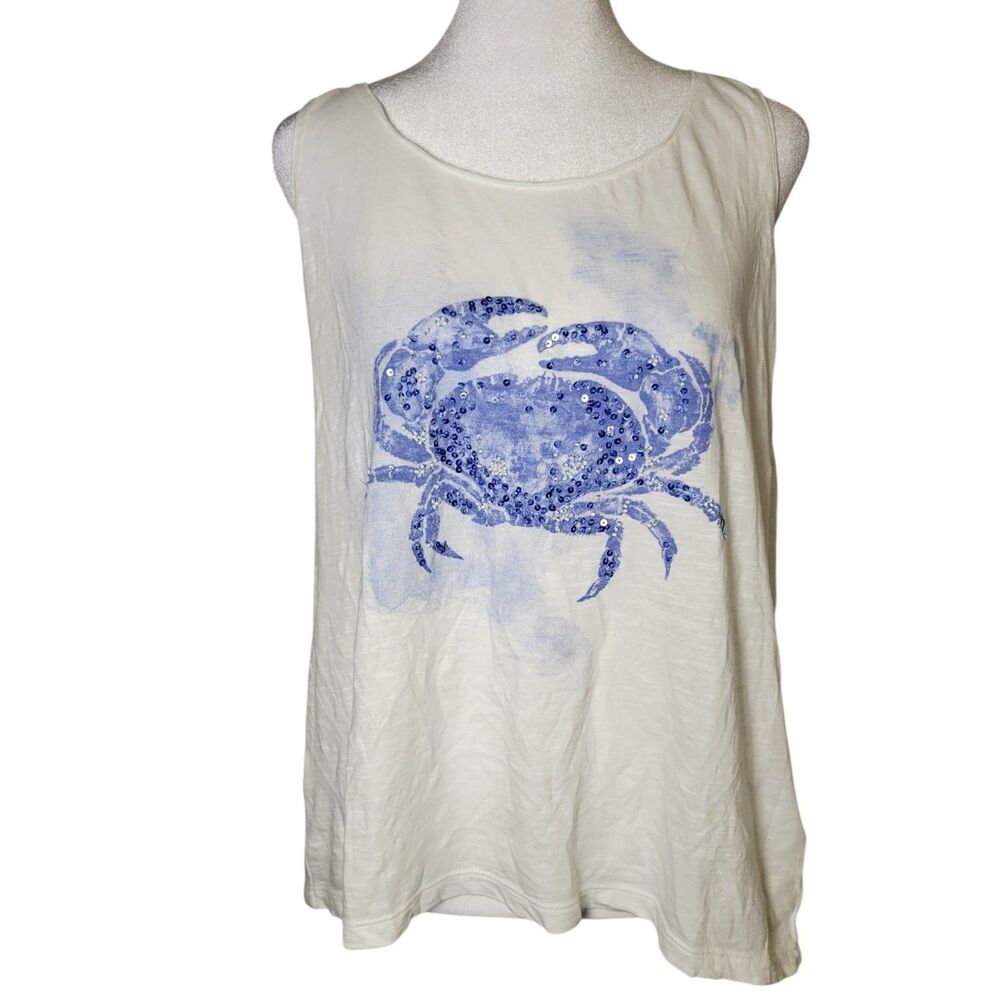 J. Jill Blue Crab Tank Top XS Sequin Coastal Resort Nautical Mermaid Fisherman